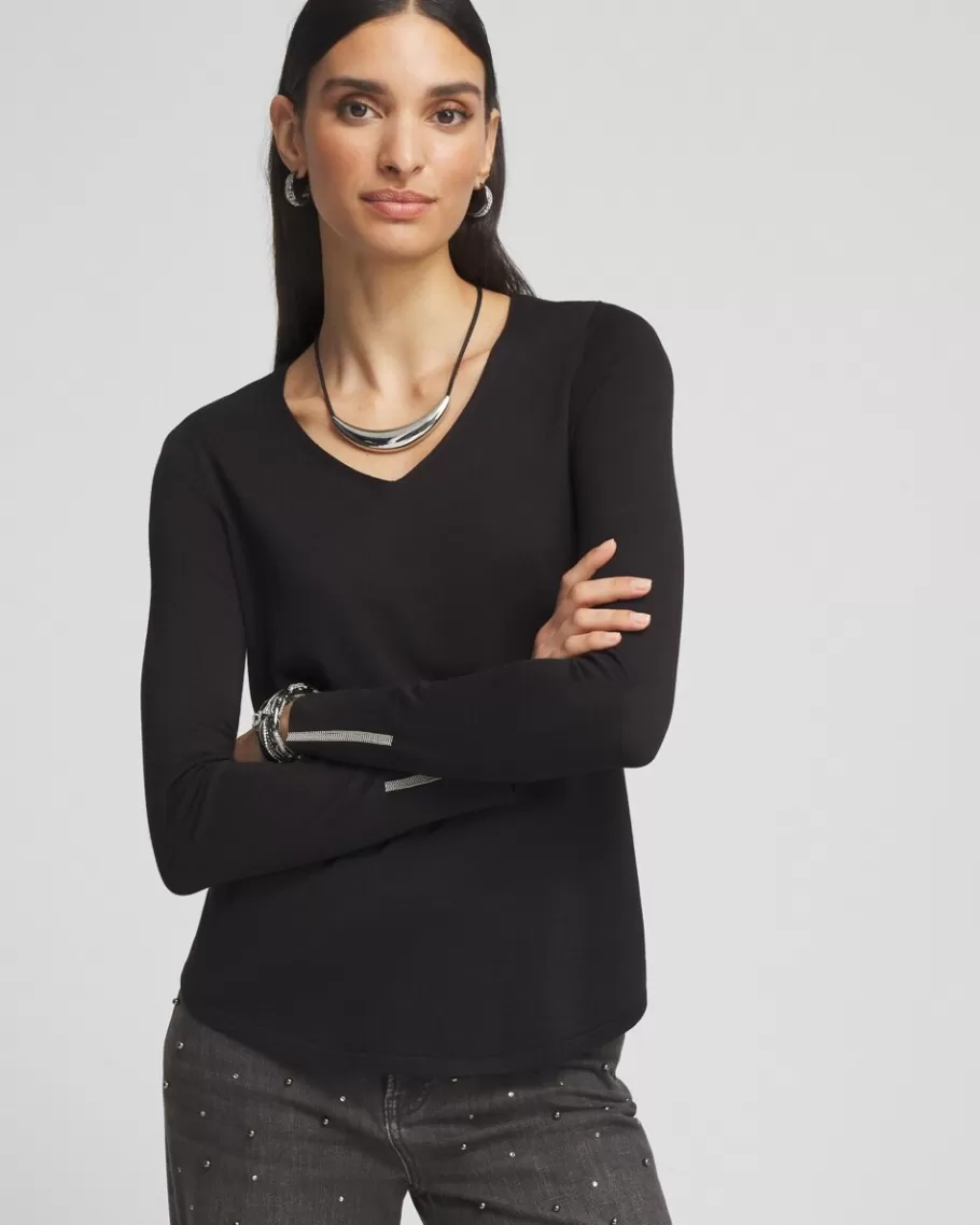 Chico's Caviar Trim V-Neck Pullover Sweater