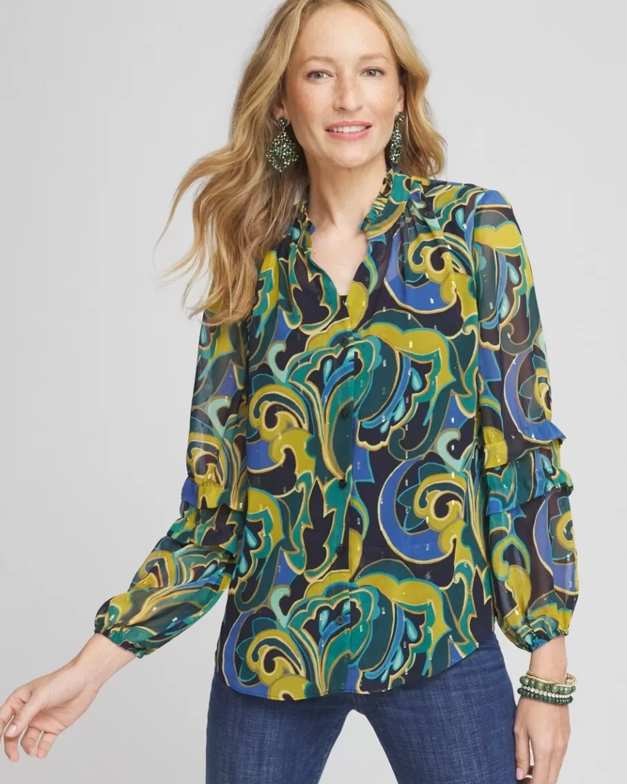 Chico's Chiffon Clip Dot Swirl Print Blouse