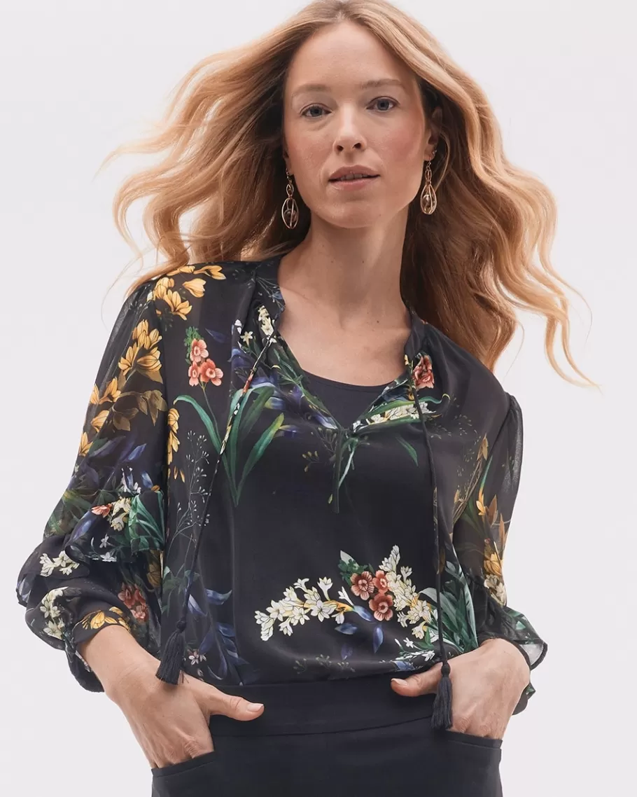 Chico's Chiffon Floral Ruffle Sleeve Blouse