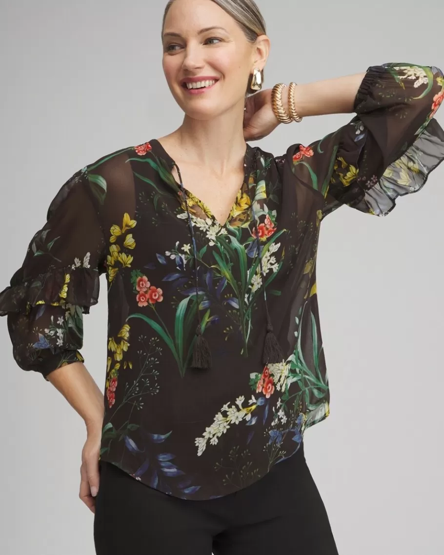 Chico's Chiffon Floral Ruffle Sleeve Blouse