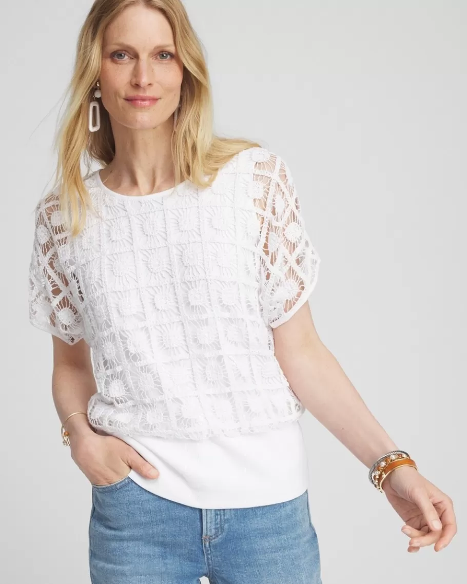 Chico's Crochet Trim Banded Hem Tee