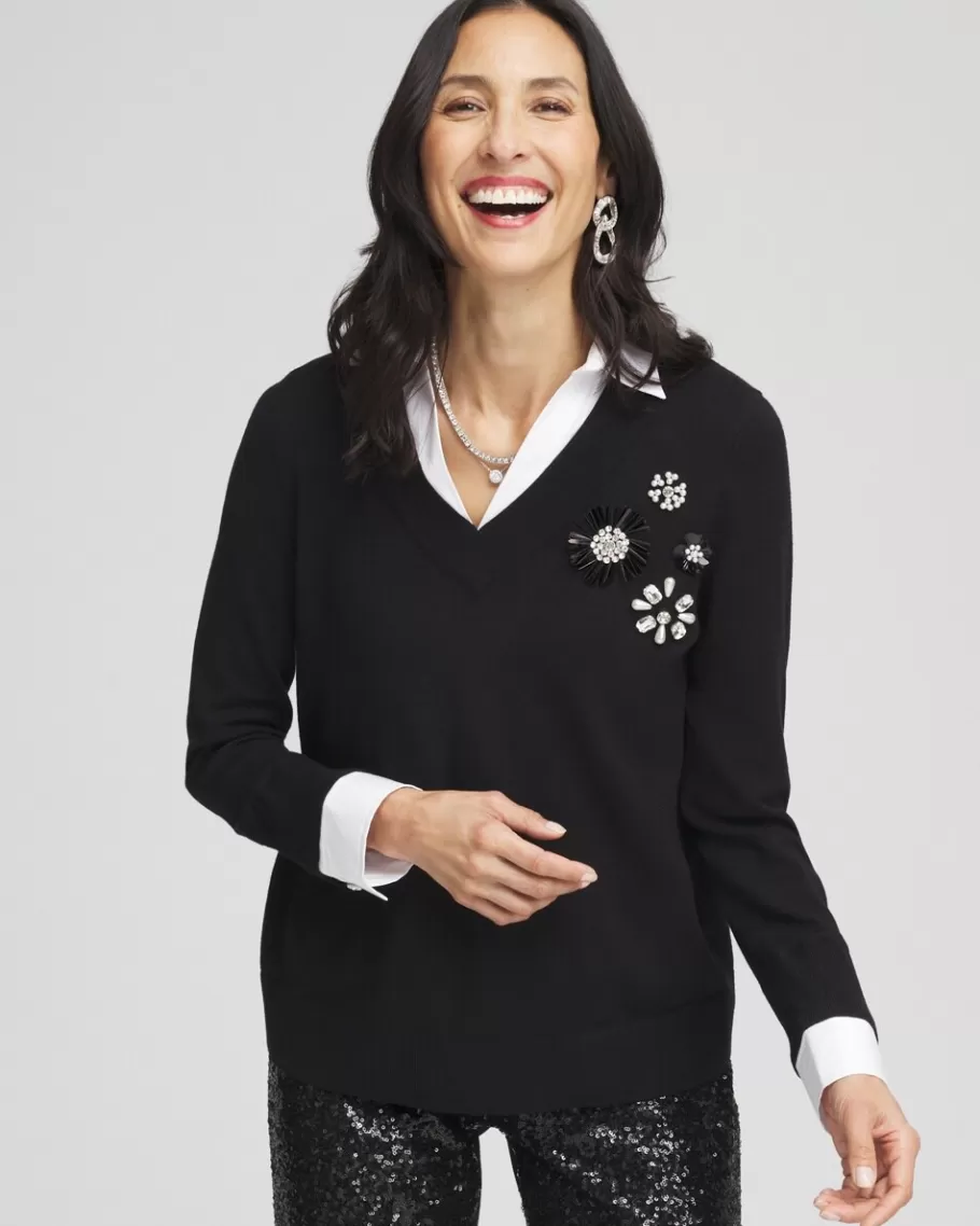 Chico's Embellished Built-In Shirt Knit Sweater