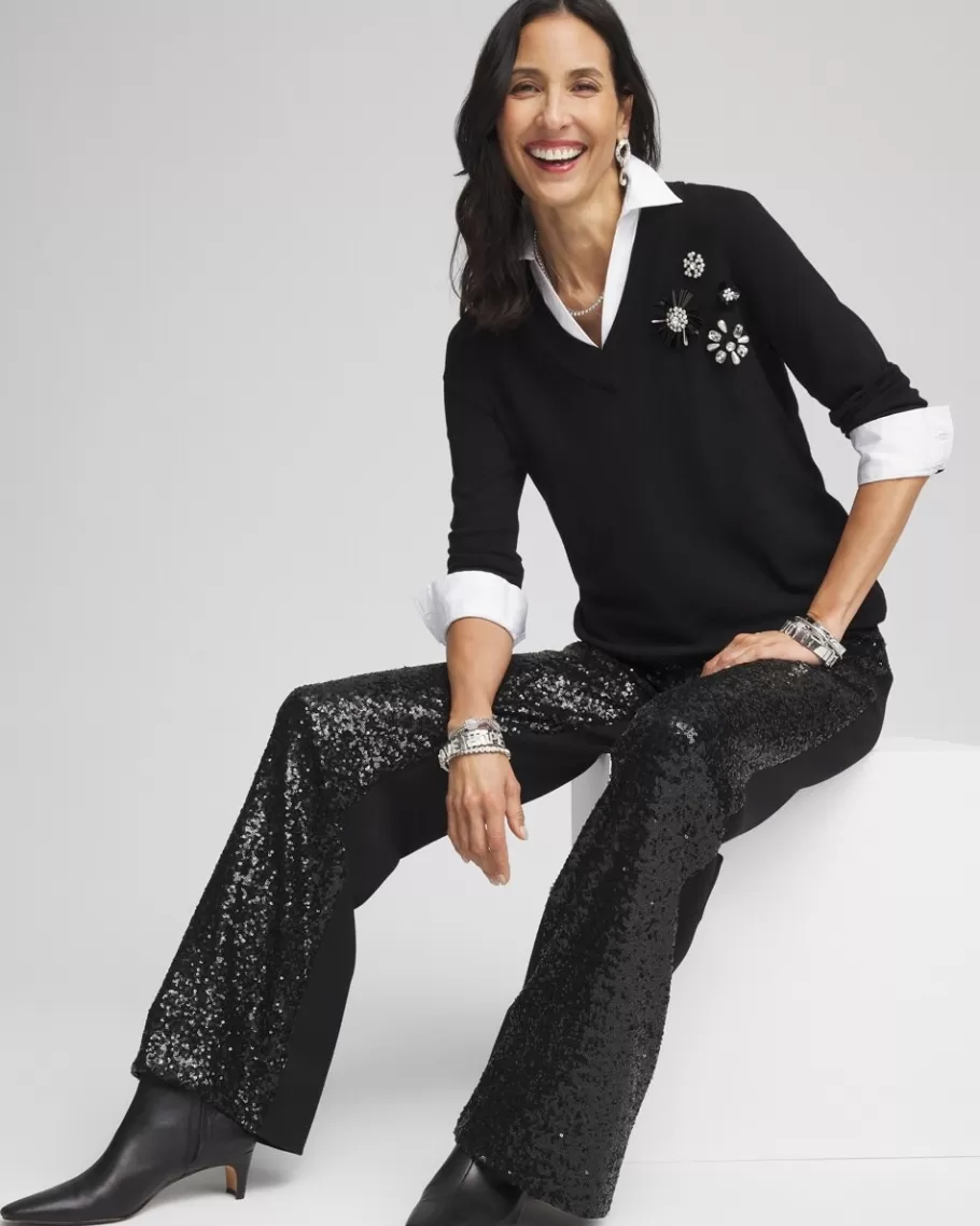 Chico's Embellished Built-In Shirt Knit Sweater