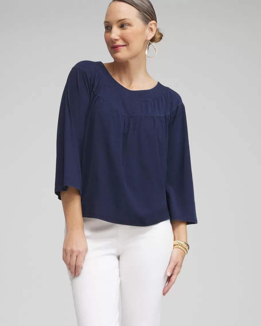 Chico's Faux Denim Eyelet Trim Top