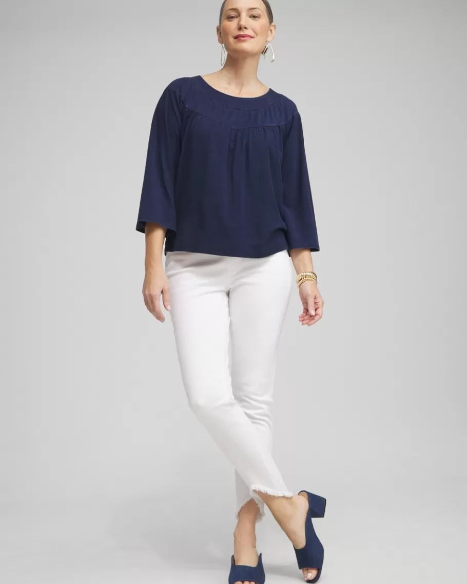 Chico's Faux Denim Eyelet Trim Top