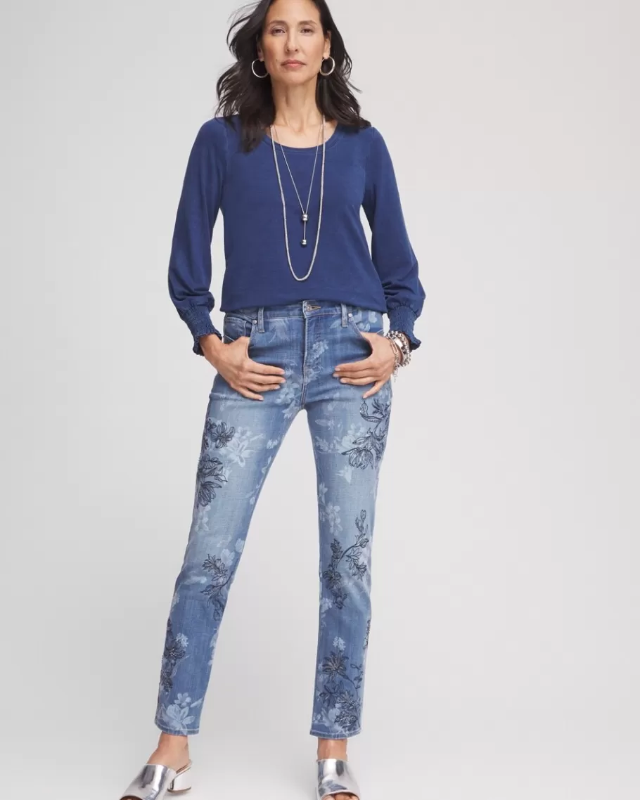 Chico's Faux Denim Smocked Sleeve Tee