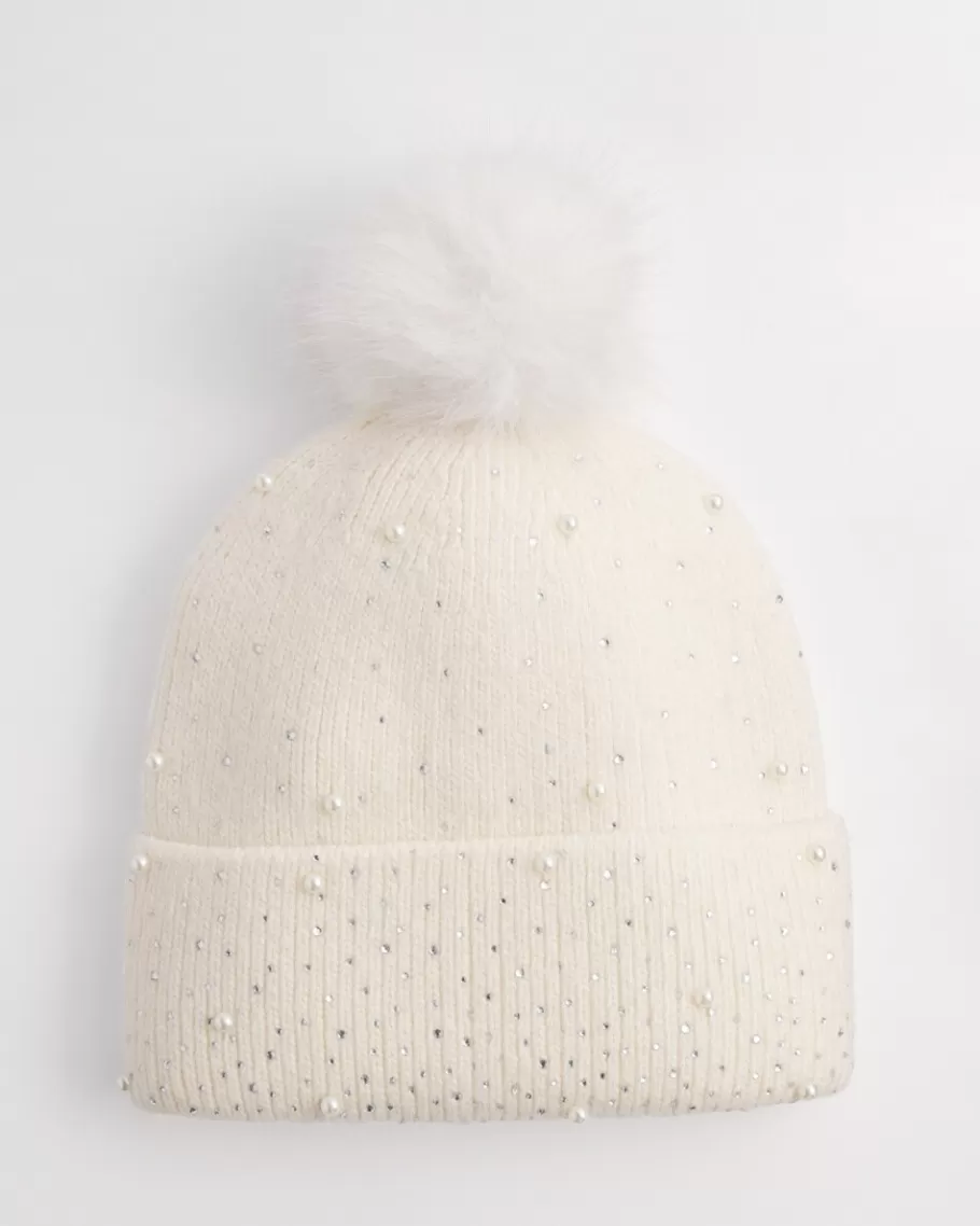 Chico's Faux Pearl Cashmere Blend Pom Pom Hat