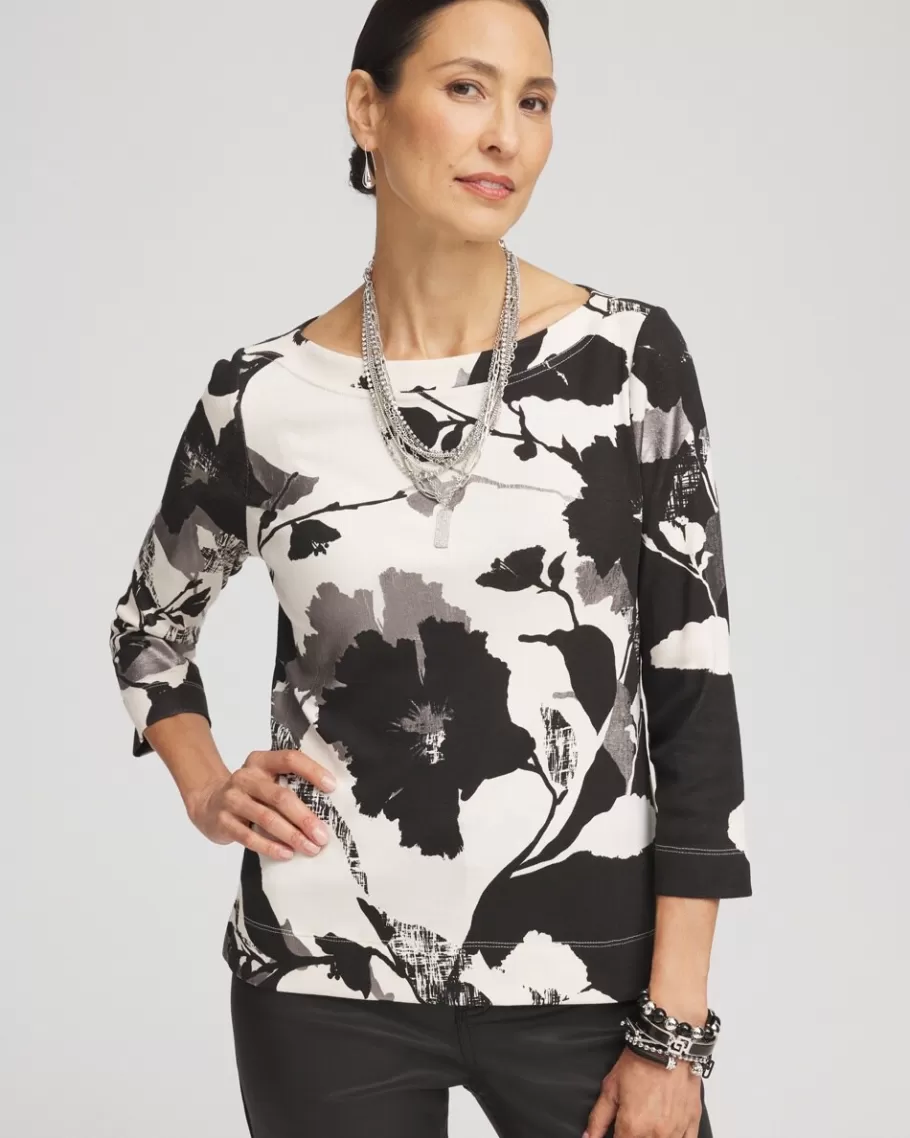 Chico's Floral 3/4 Sleeve Bateau Neck Tee