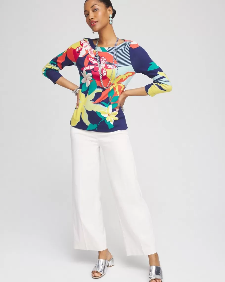 Chico's Floral 3/4 Sleeve Bateau Neck Tee