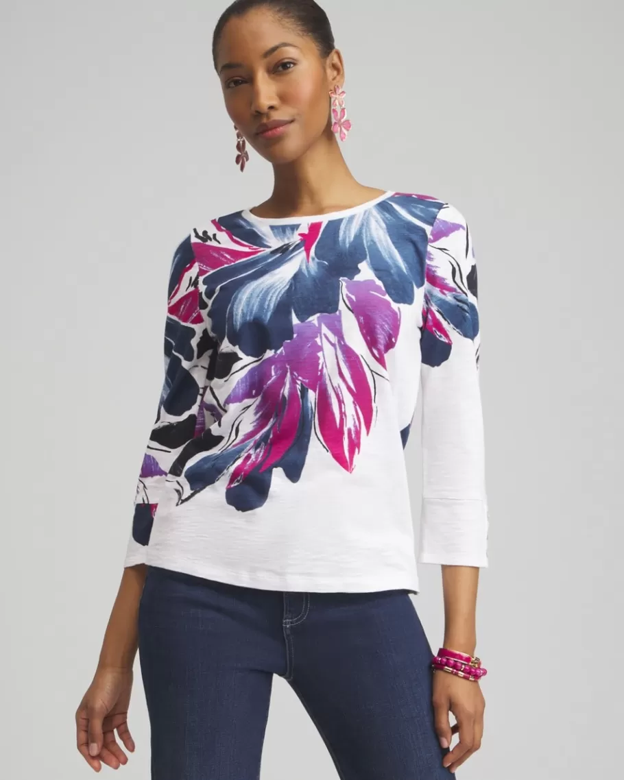 Chico's Floral 3/4 Sleeve Button Tee