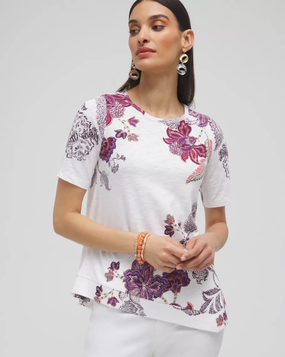 Chico's Floral Asymmetrical Elbow Sleeve Tee