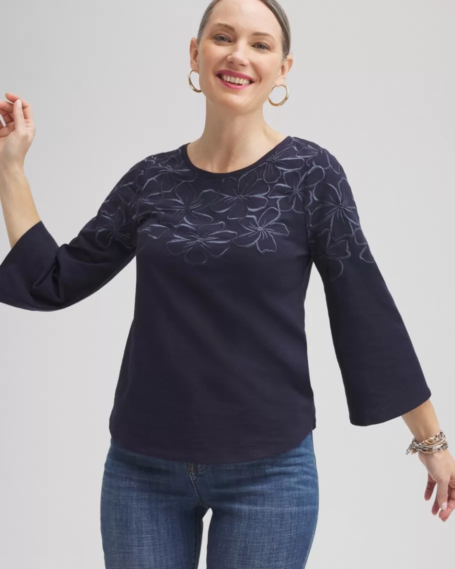 Chico's Floral Embroidered 3/4 Sleeve Top