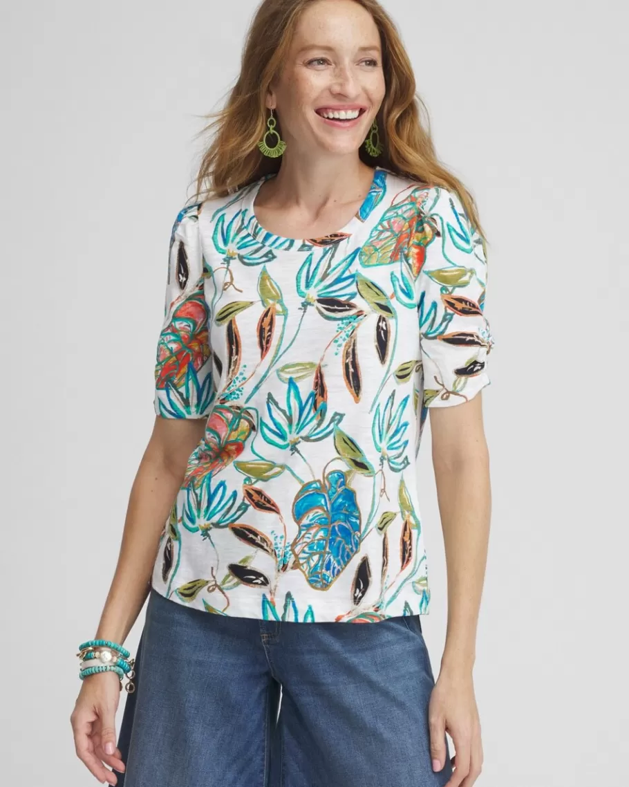 Chico's Floral Gathered Elbow Sleeve Tee