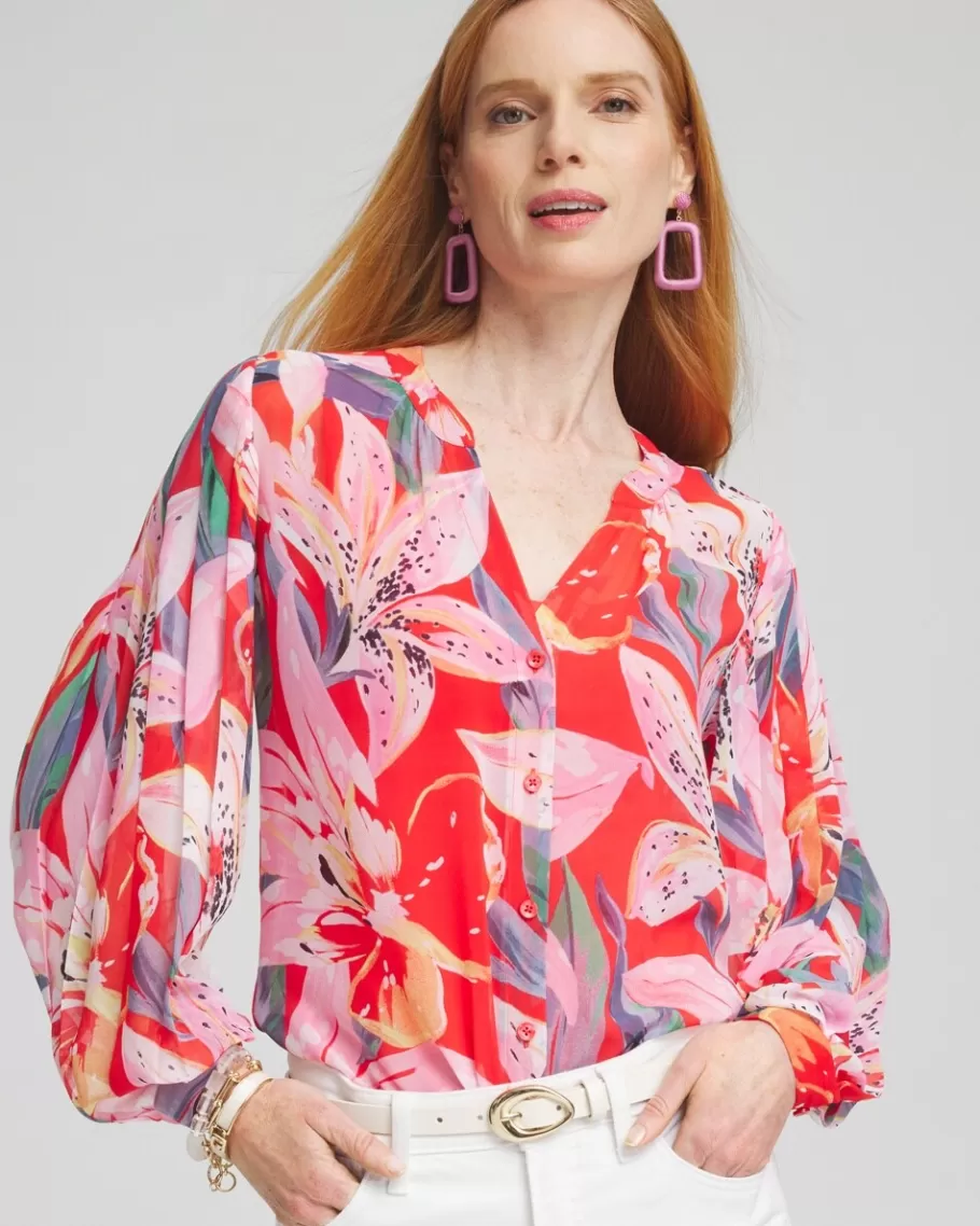 Chico's Floral Pleated Sleeve Blouse