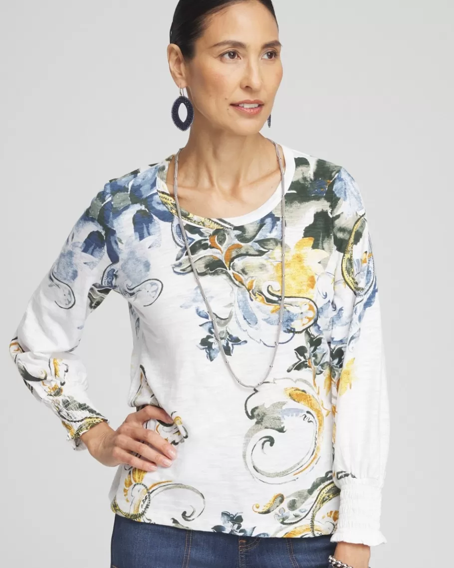 Chico's Floral Smocked Sleeve Tee