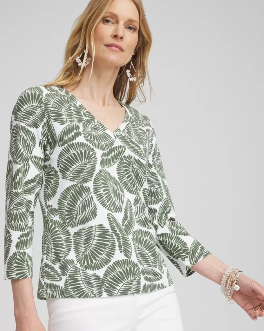 Chico's Foliage Print 3/4 Sleeve Perfect Tee