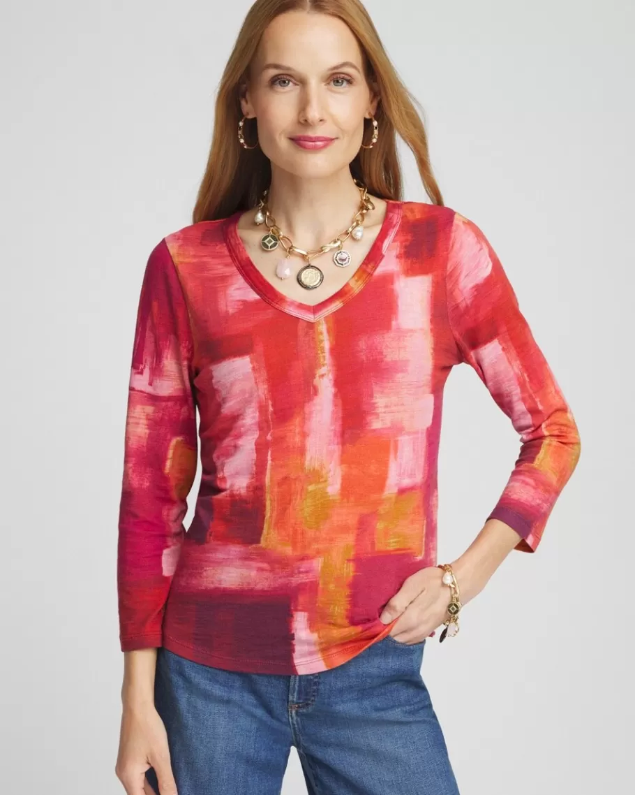 Chico's Geometric Print 3/4 Sleeve V-Neck Tee