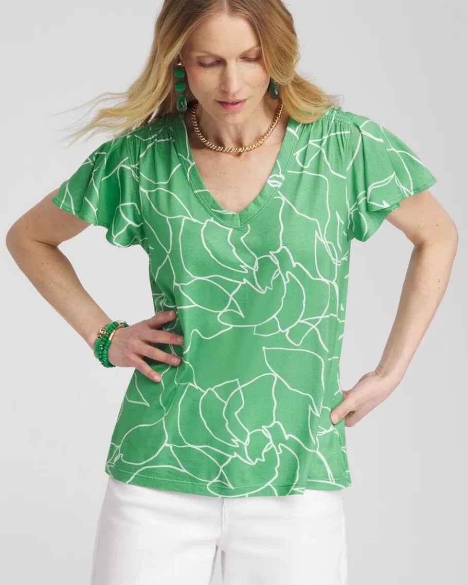 Chico's Green Lines Flutter Sleeve Tee