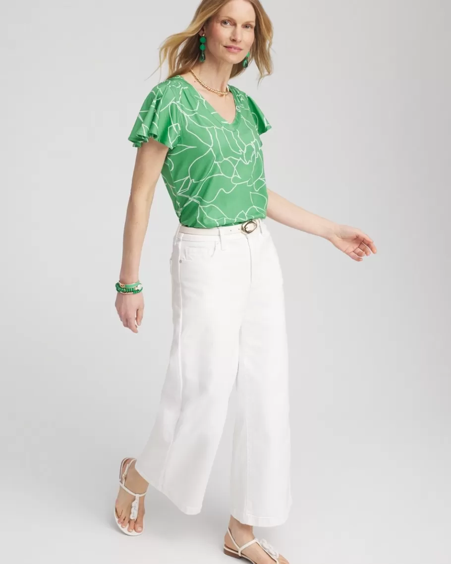 Chico's Green Lines Flutter Sleeve Tee