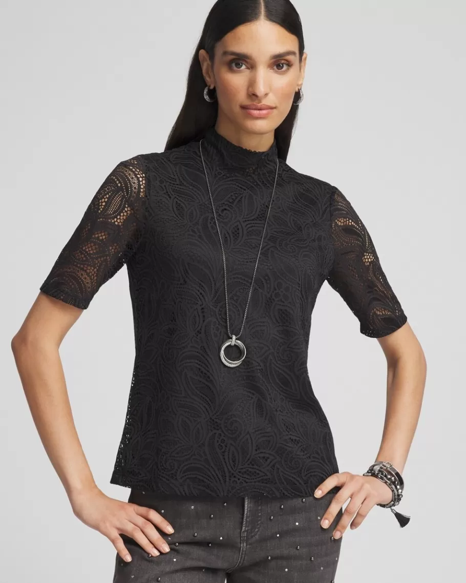 Chico's Lace Mock-Neck Short Sleeve Tee