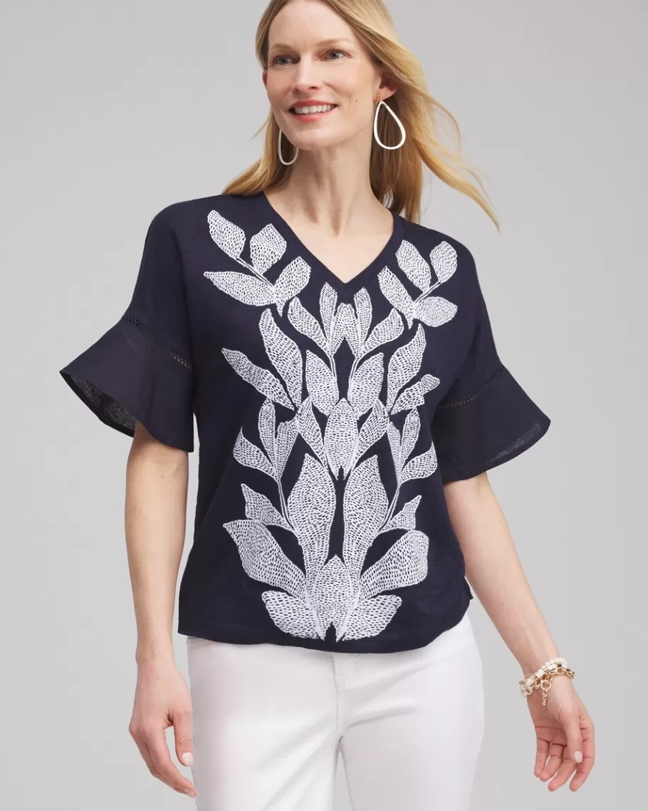 Chico's Leaf Linen Blend Flutter Sleeve Top