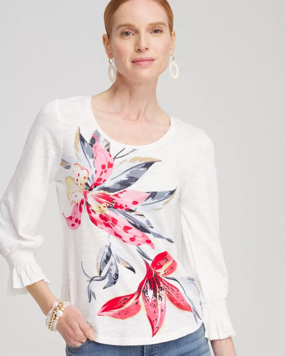 Chico's Lilies Smocked 3/4 Sleeve Tee