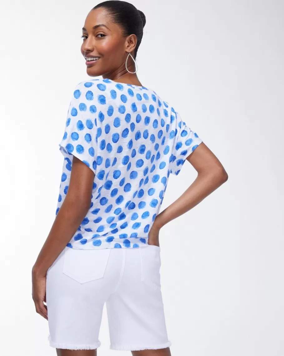 Chico's Linen Blue Dots Tie Front Tee