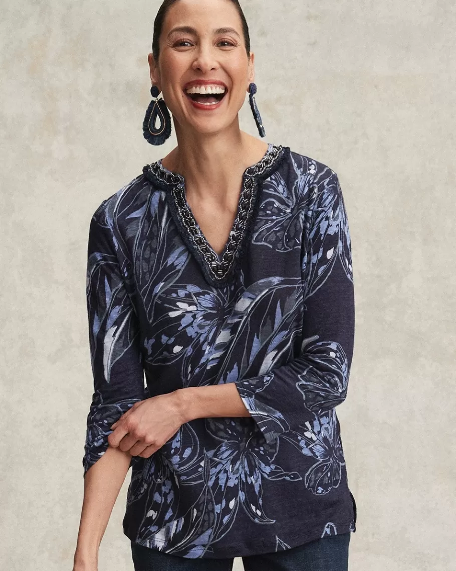 Chico's Linen Floral Embellished Tunic