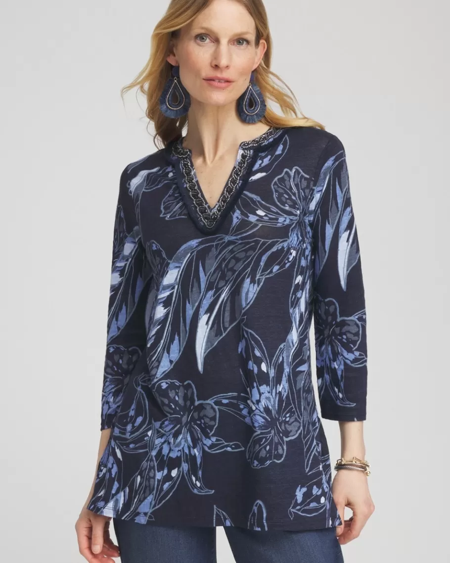 Chico's Linen Floral Embellished Tunic