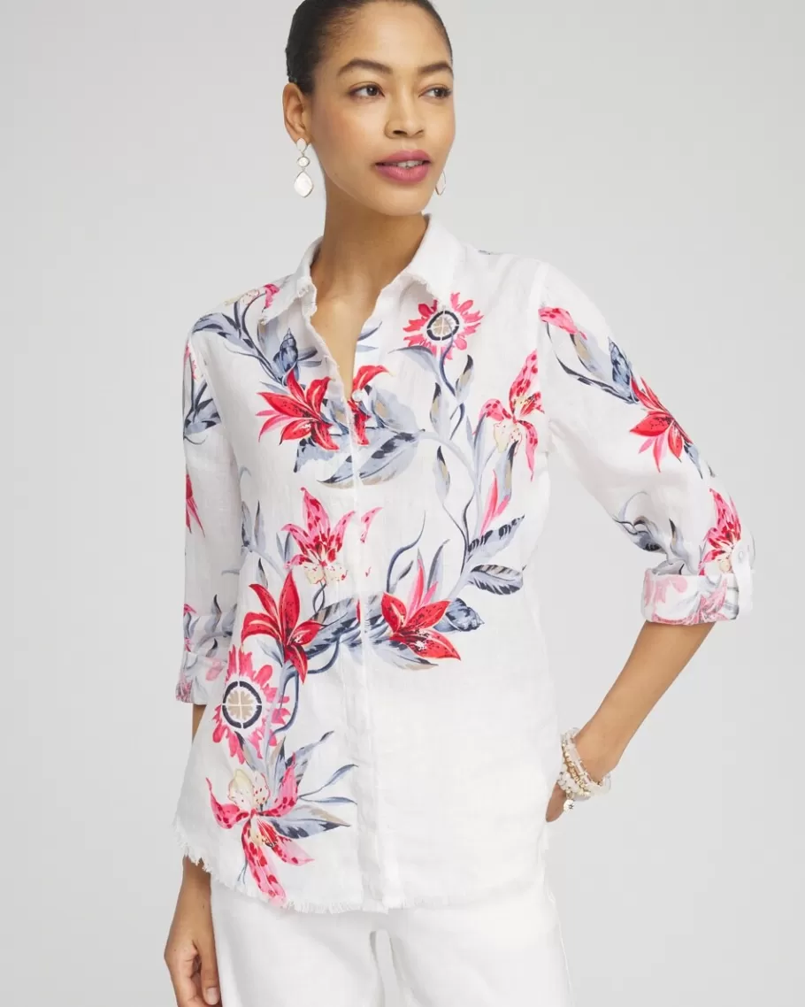 Chico's Linen Floral Fringe Shirt