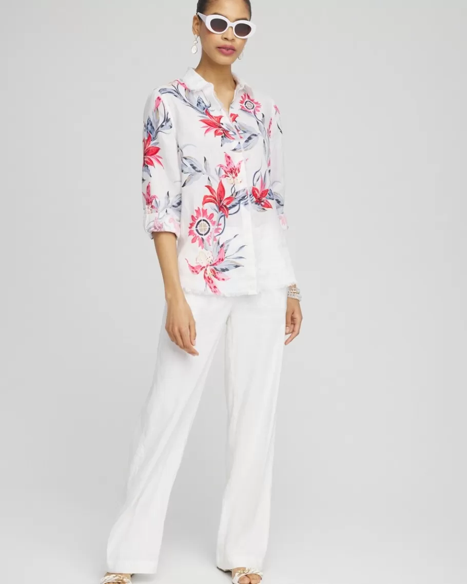 Chico's Linen Floral Fringe Shirt