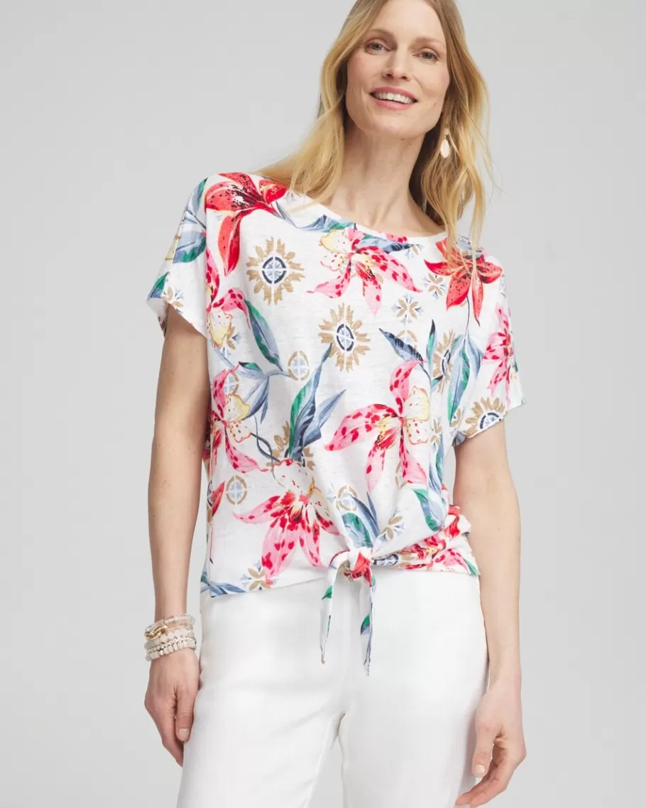 Chico's Linen Floral Tie Front Tee