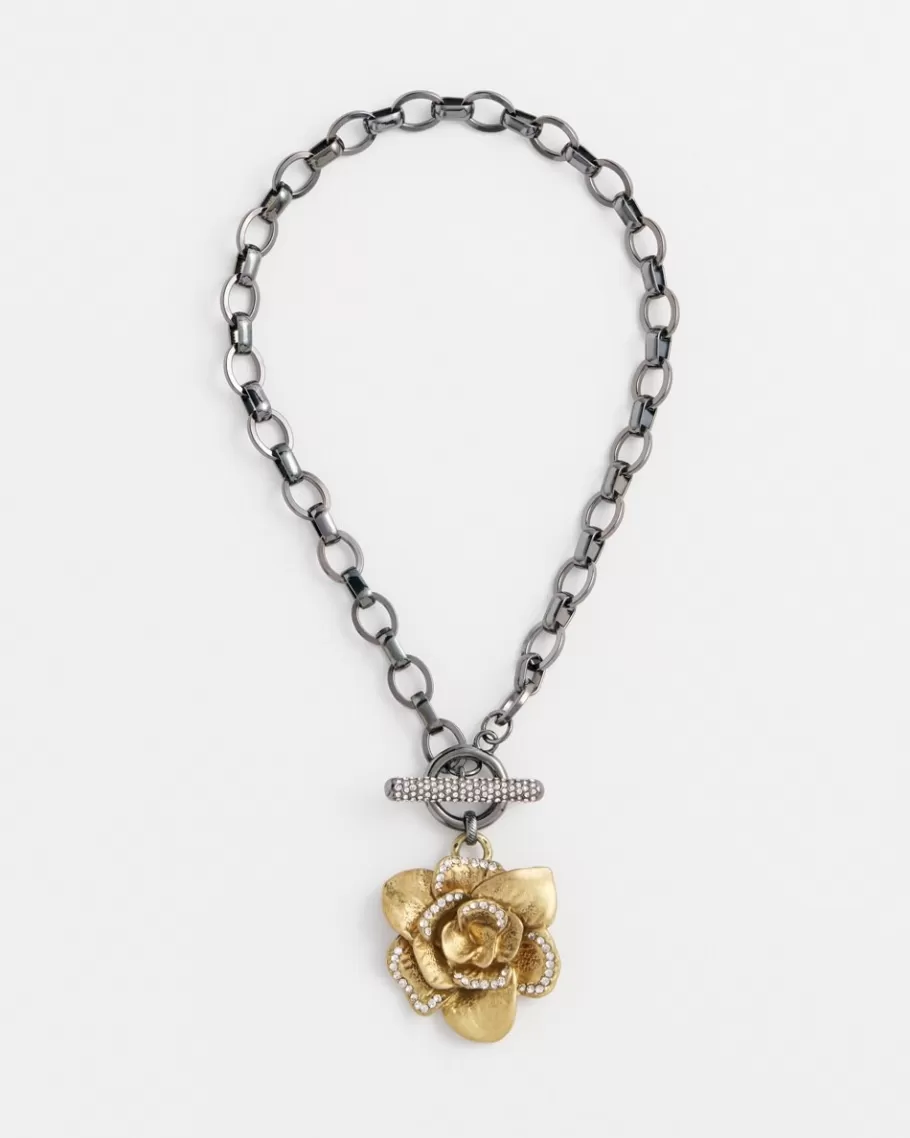 Chico's Pavé Brass Flower Pendant Necklace