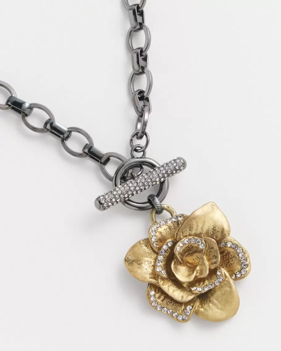 Chico's Pavé Brass Flower Pendant Necklace