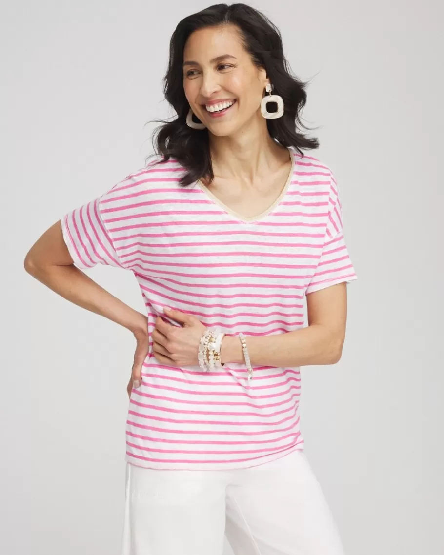 Chico's Pink Stripe Sweater Trim Linen Tee