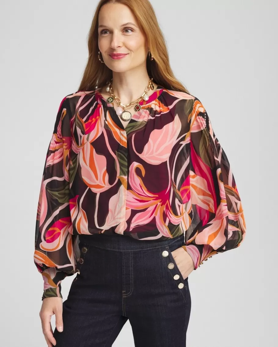 Chico's Pintuck Sleeve Orchid Print Blouse