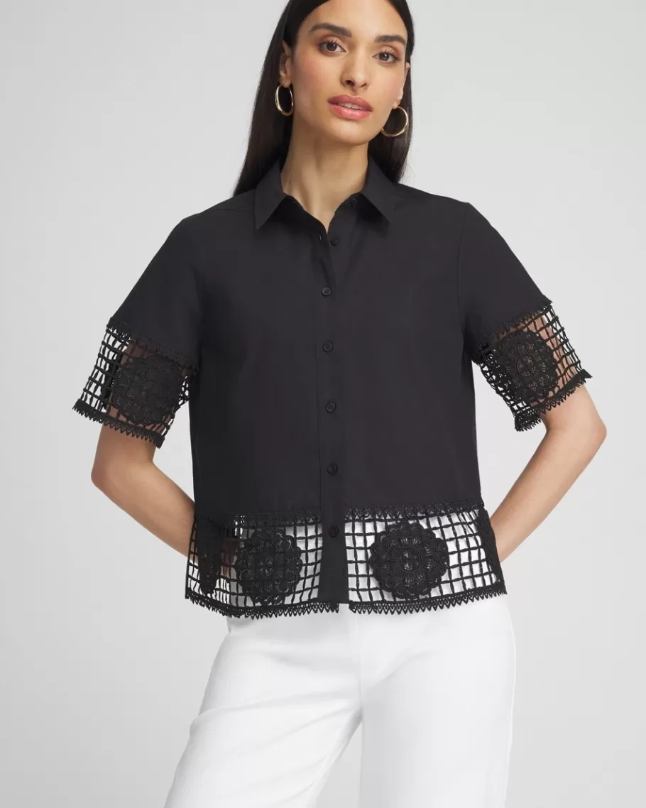 Chico's Poplin Crochet Trim Top