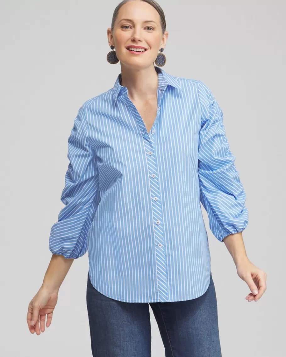 Chico's Poplin Stripe Ruched Sleeve Shirt