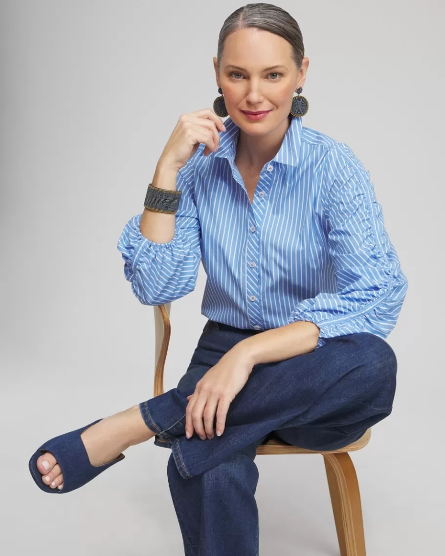 Chico's Poplin Stripe Ruched Sleeve Shirt