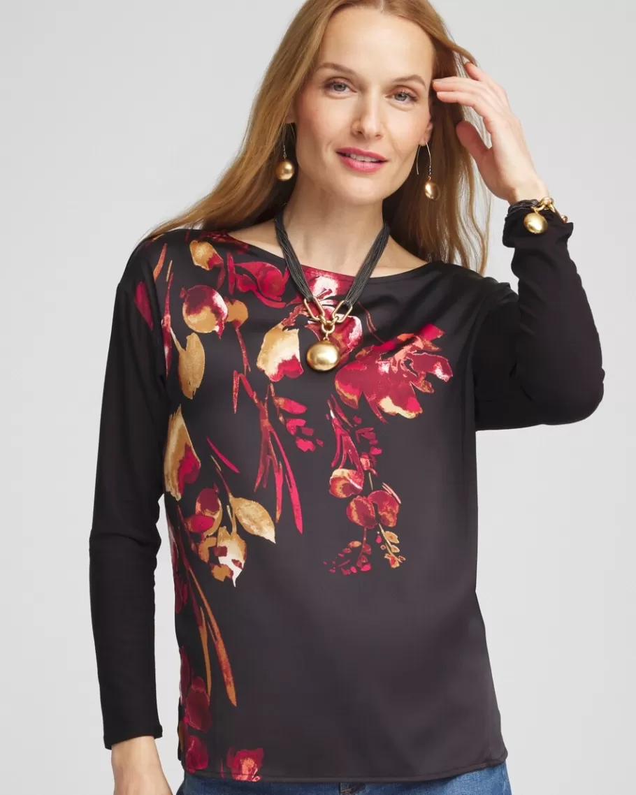 Chico's Satin Leaves Long Sleeve Tee