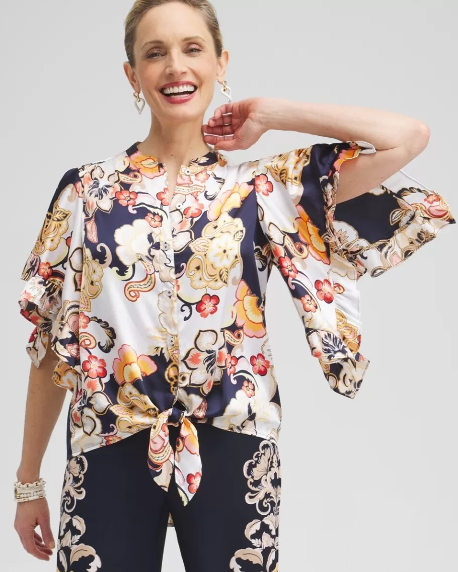 Chico's Satin Ruffle Sleeve Tie Front Shirt