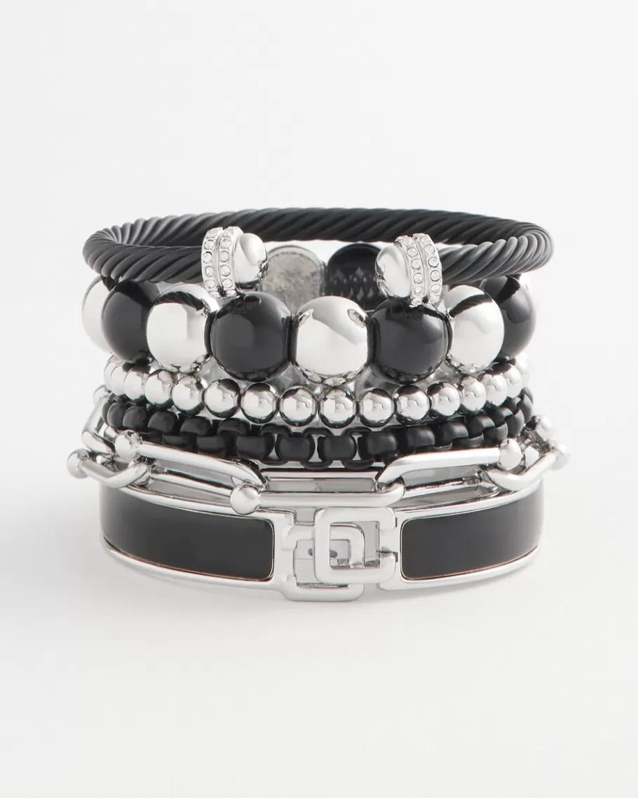 Chico's Silver Tone & Black Beaded Stretch Bracelet