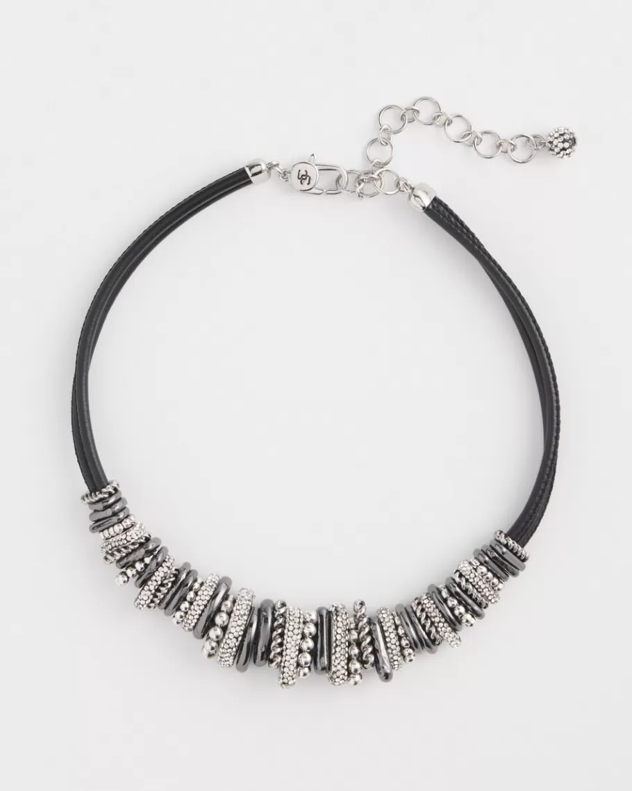 Chico's Silver Tone Leather Short Necklace