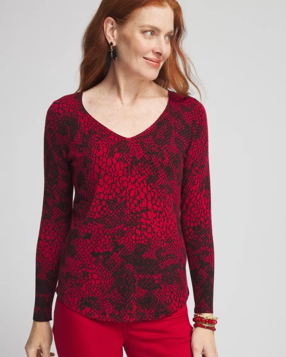 Chico's Snake Print V-Neck Pullover Sweater