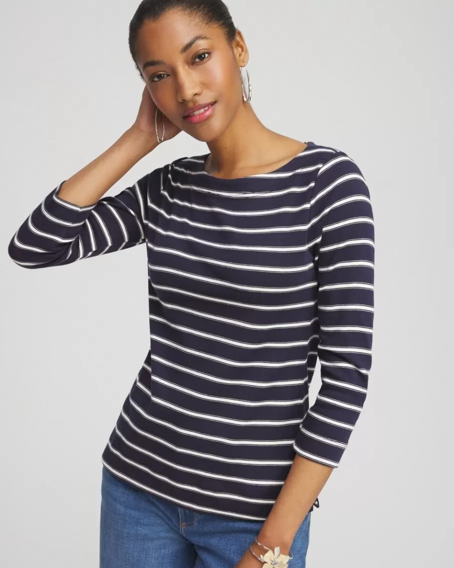 Chico's Stripe 3/4 Sleeve Bateau Neck Tee