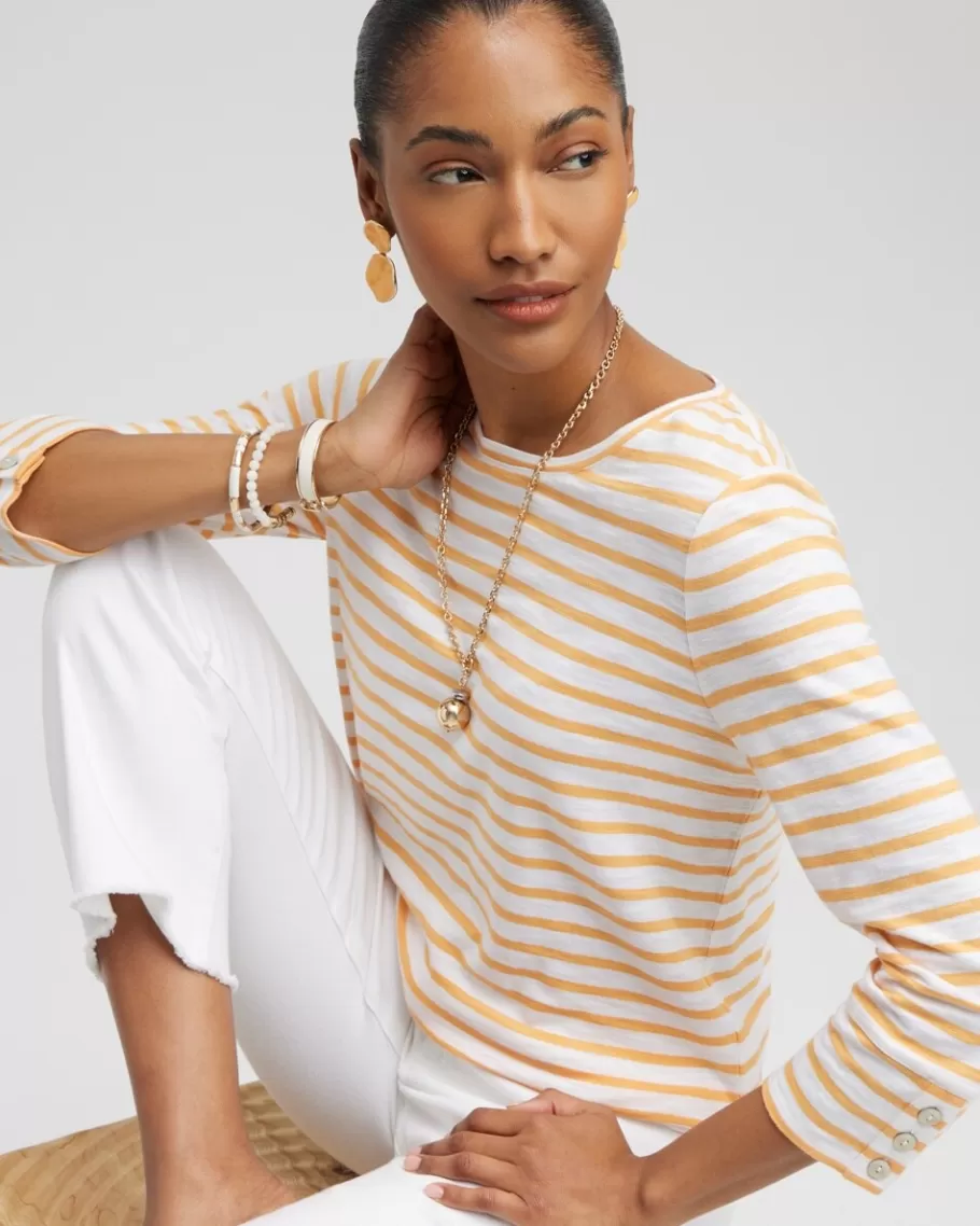 Chico's Stripe 3/4 Sleeve Button Tee