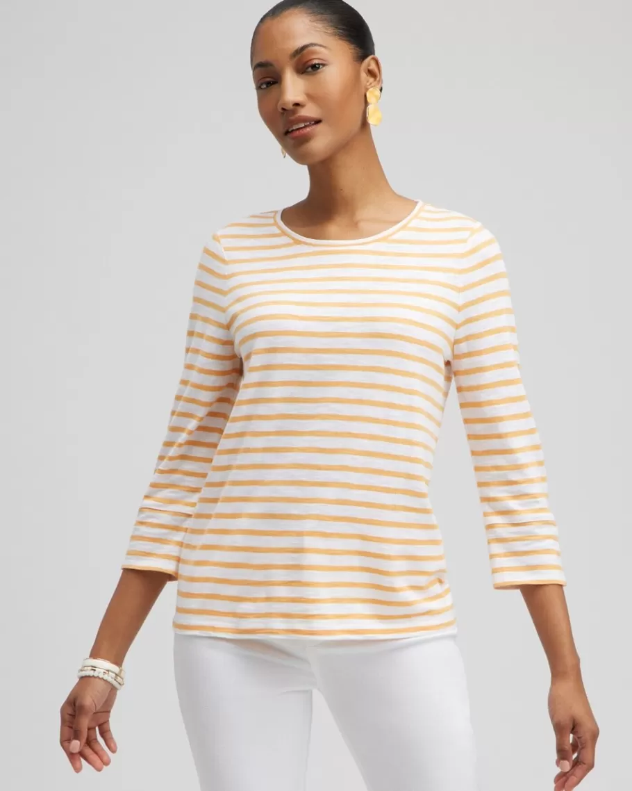 Chico's Stripe 3/4 Sleeve Button Tee