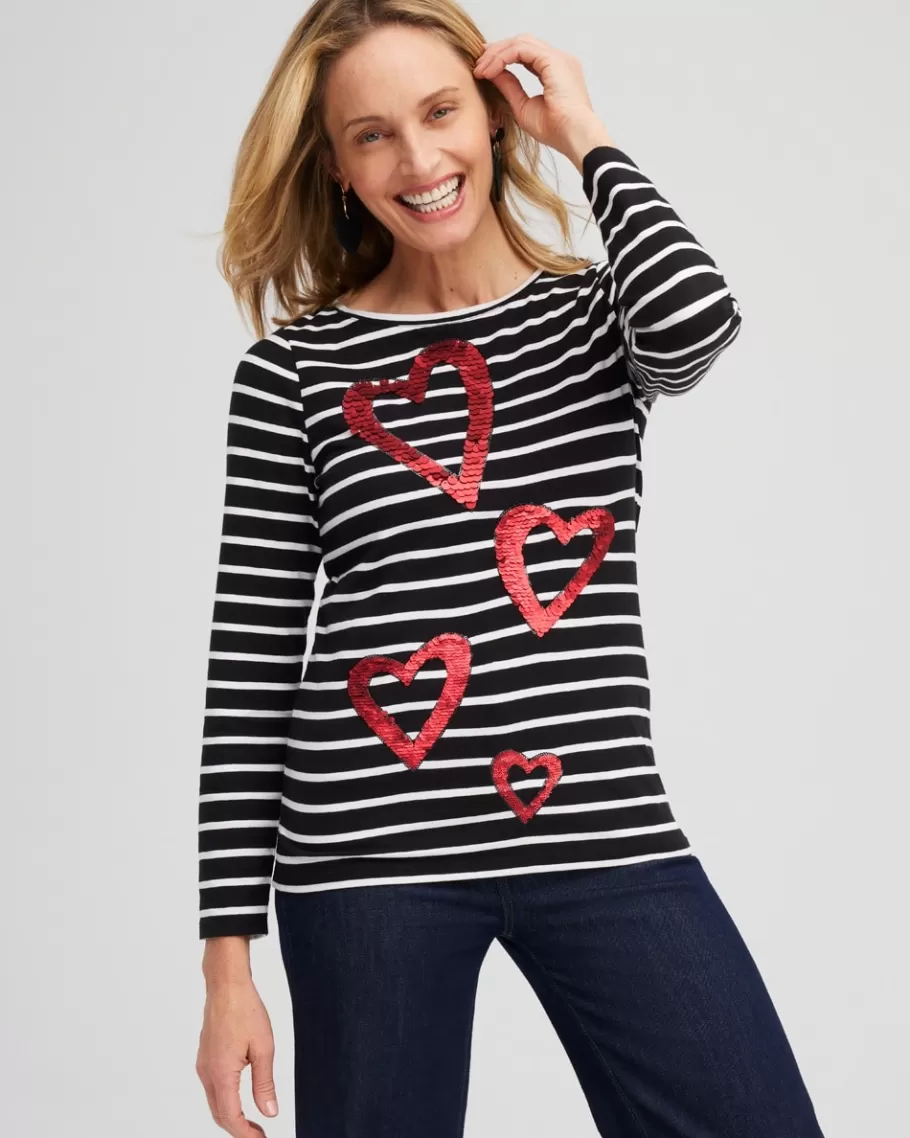 Chico's Stripe Sequin Hearts Tee