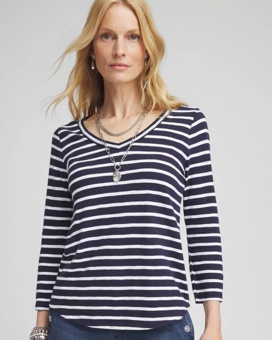 Chico's Stripe V-neck 3/4 Sleeve Tee